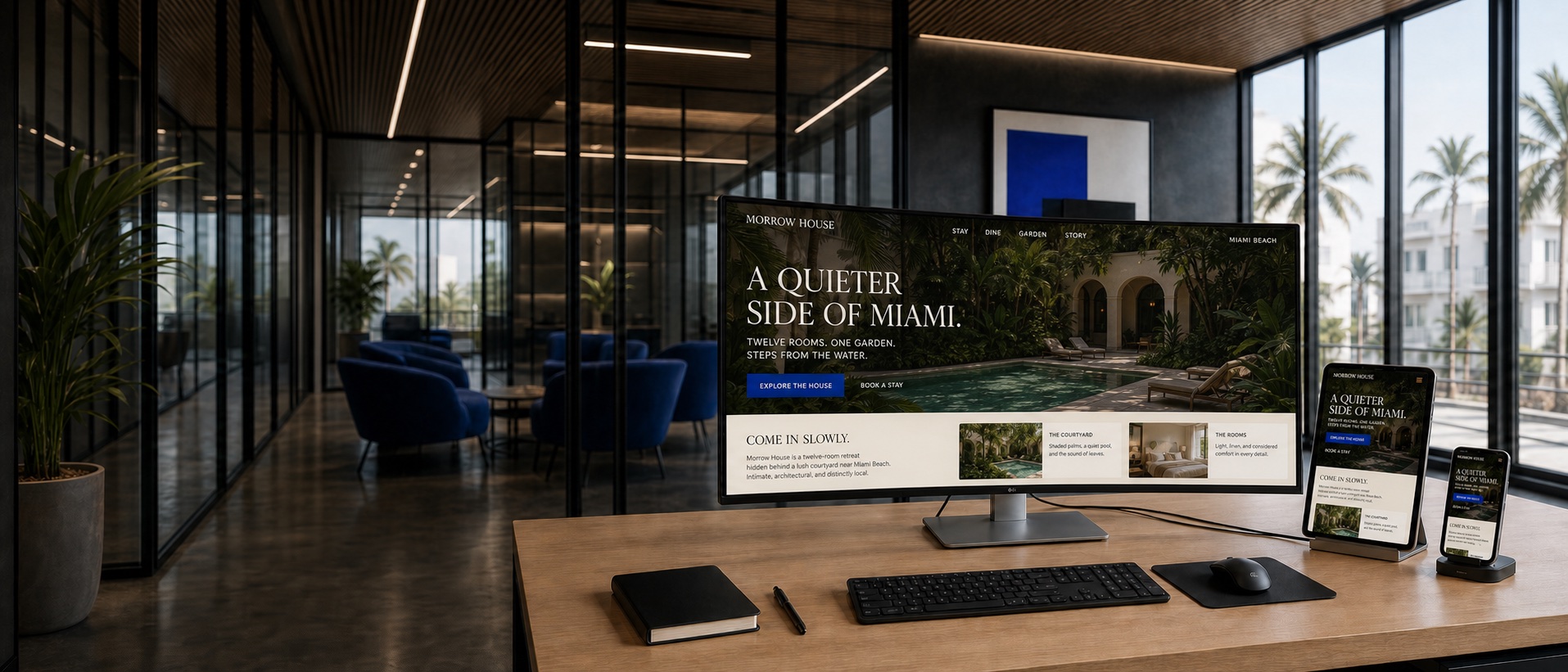 Responsive hospitality website concept shown across desktop, tablet, and mobile screens