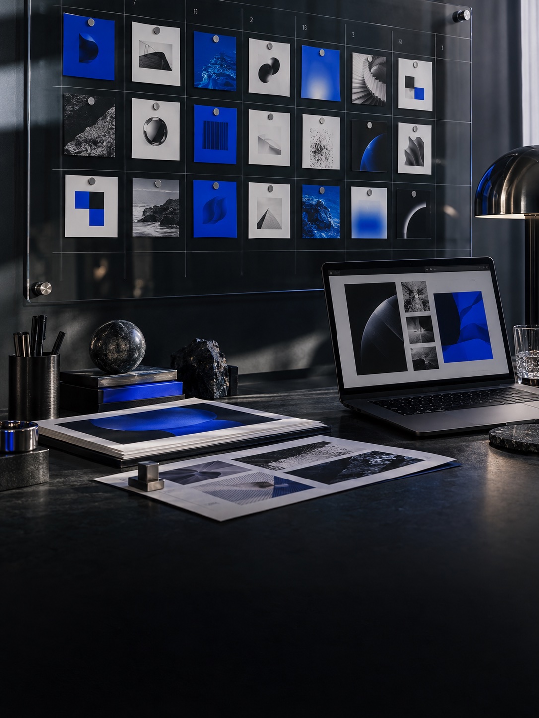 Creative planning board with recurring design tasks, laptop and design proofs