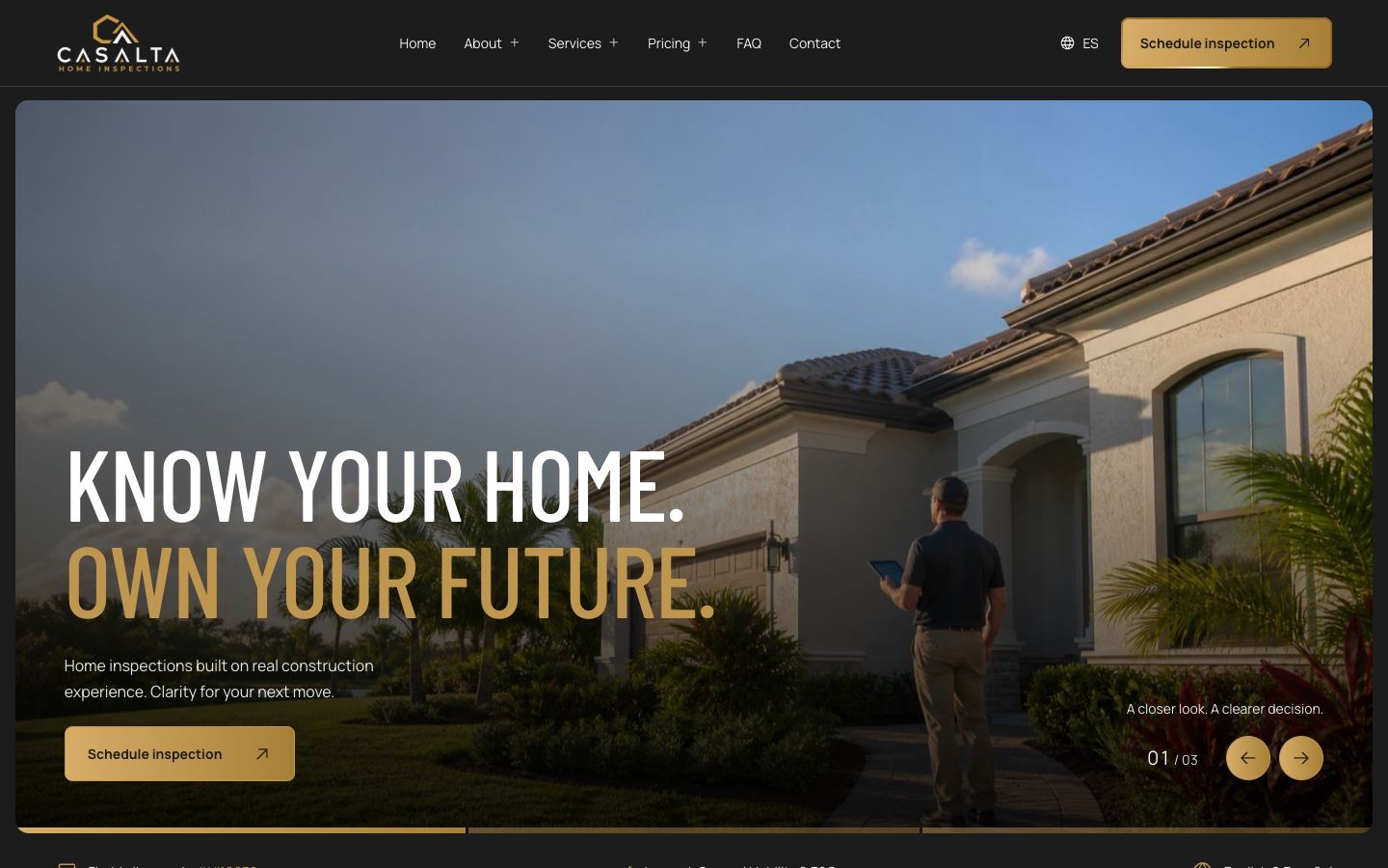 Casalta website concept with black and gold typography over South Florida home inspection photography