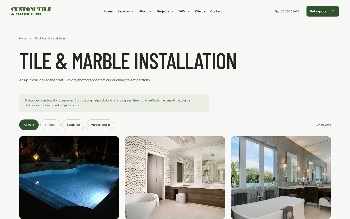 The tile and marble installation gallery showcases residential and commercial surface details