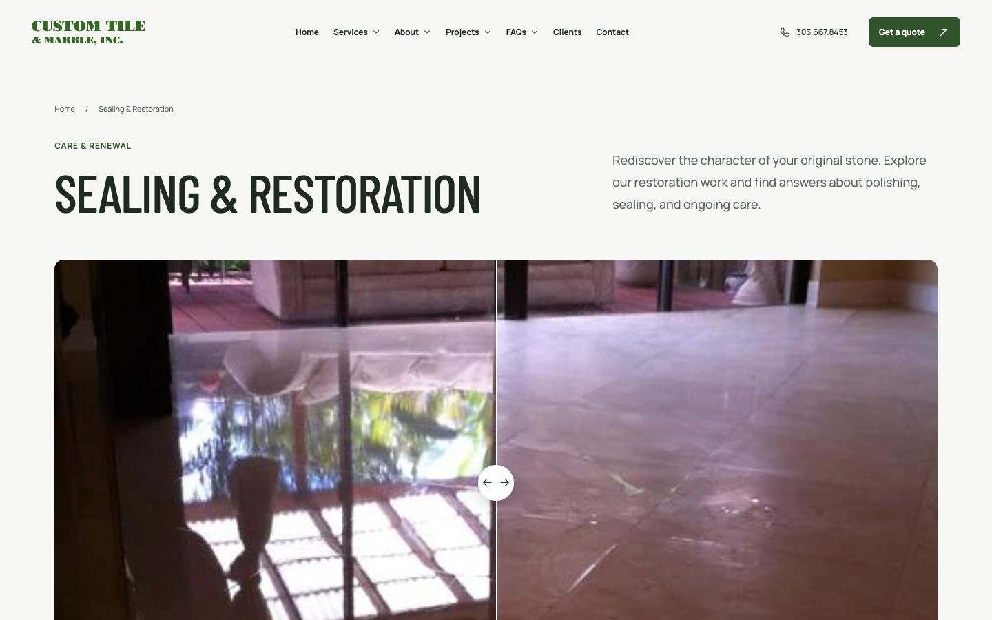 Custom Tile restoration page introduces polishing, sealing and stone care