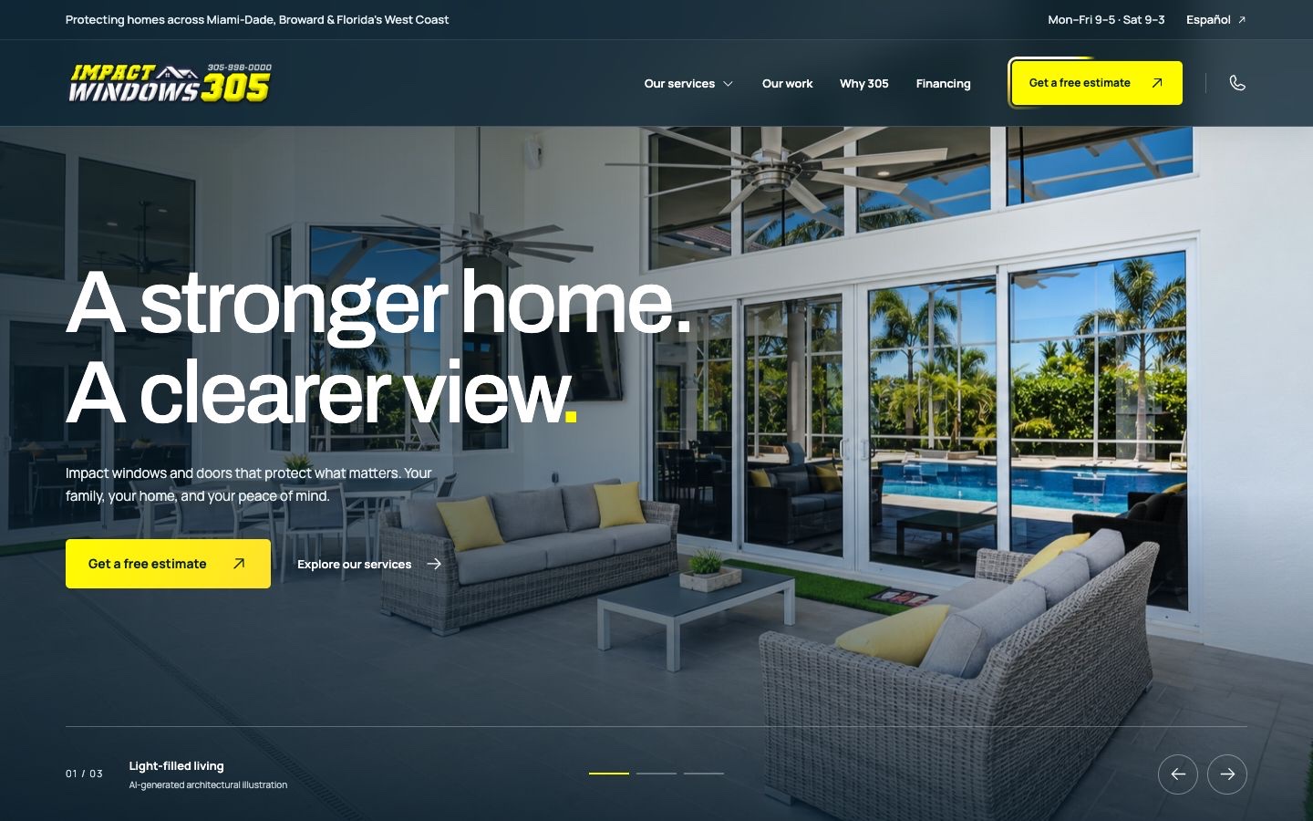Impact Windows 305 website concept with architectural imagery, deep blue surfaces and bright yellow accents