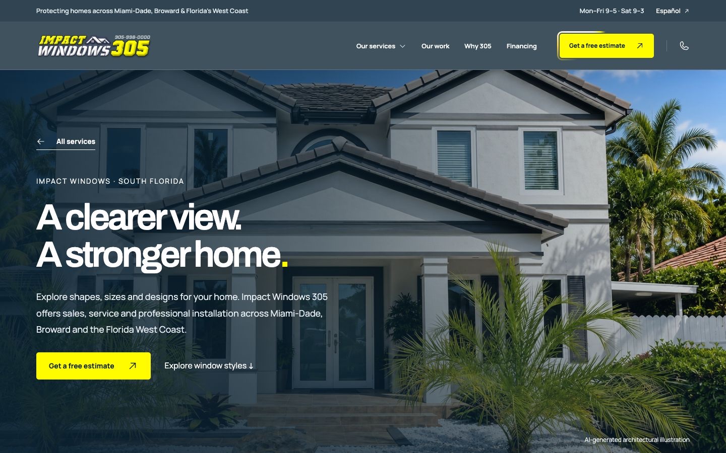 The impact-window service page connects product choices with a clear estimate path
