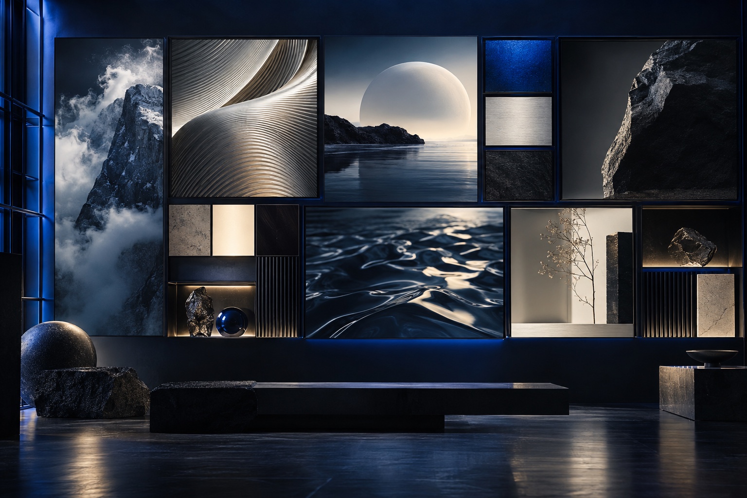 Curated art direction wall connecting imagery, materials, color, and composition