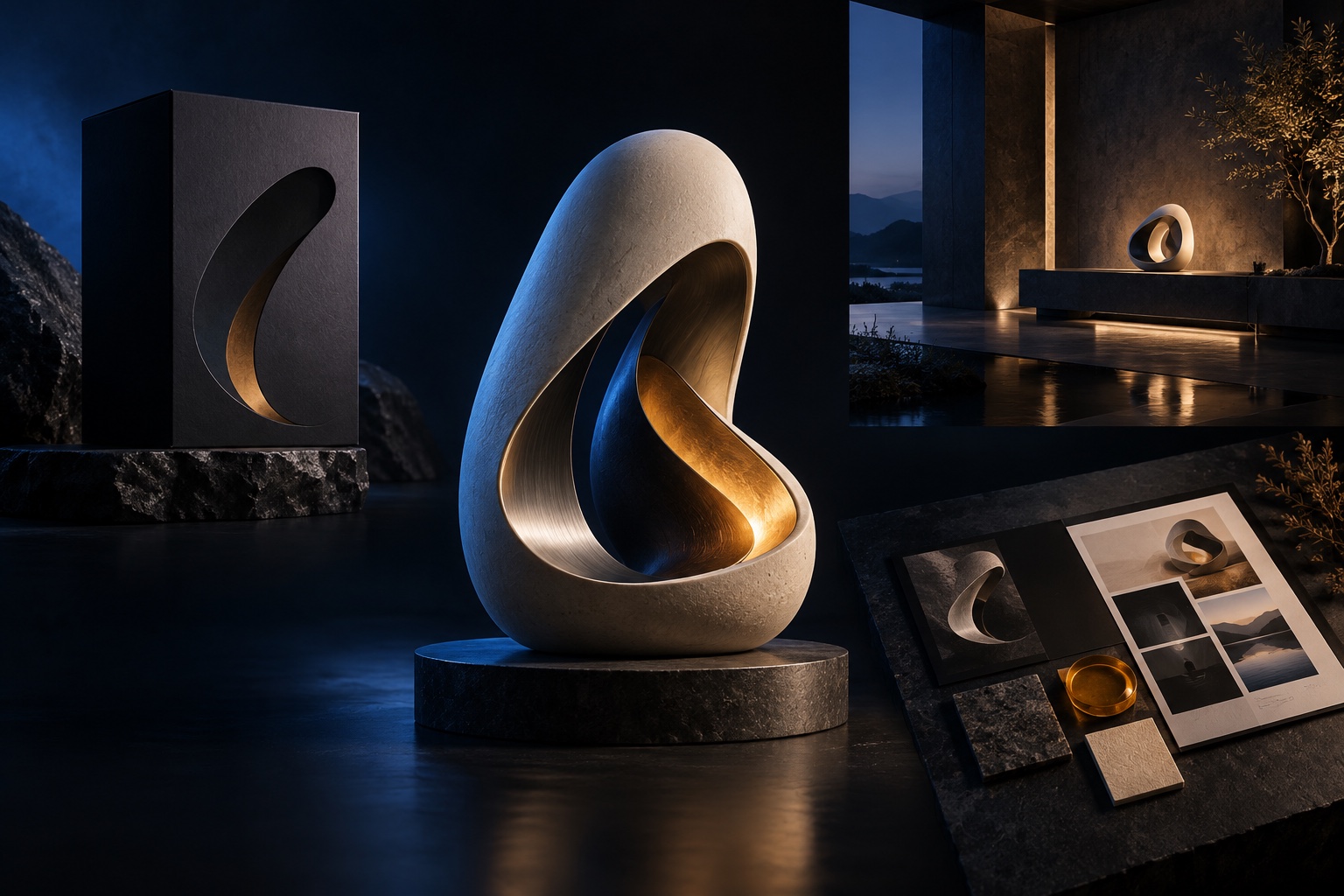 A selected sculptural concept visualized as a hero object and several key applications