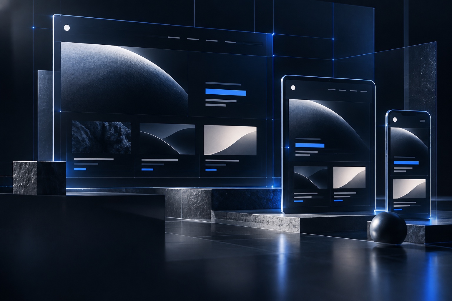Responsive interface system shown across desktop, tablet, and mobile canvases