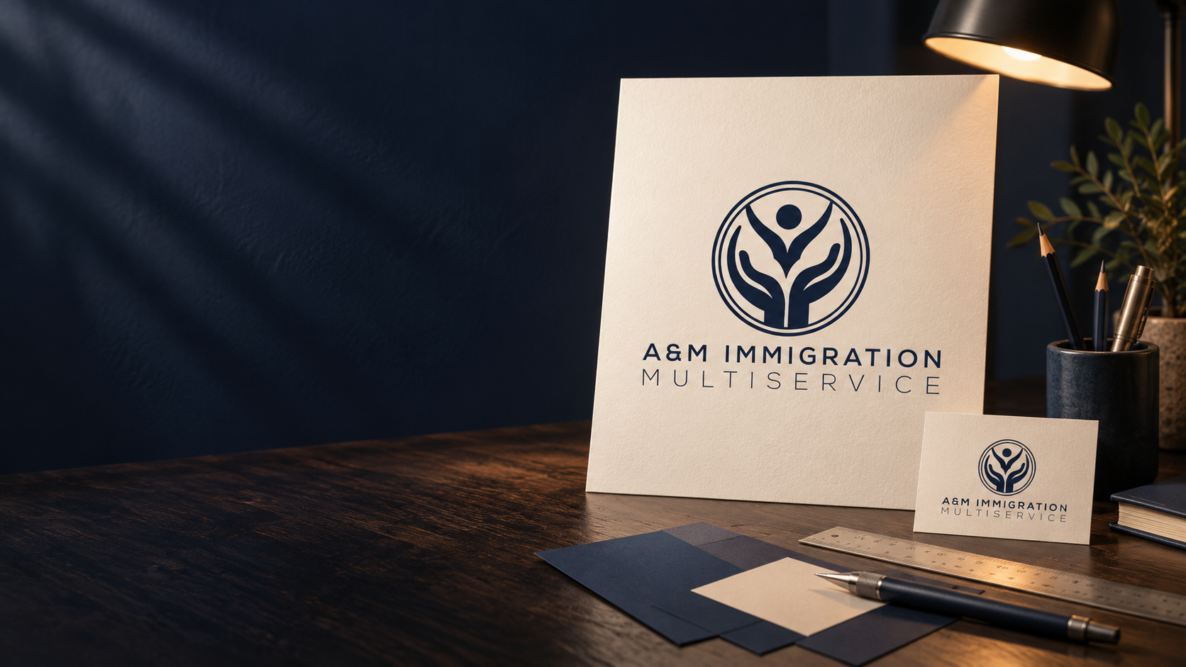 Illustrative logo design workspace with A&M Immigration logo proofs and paper swatches