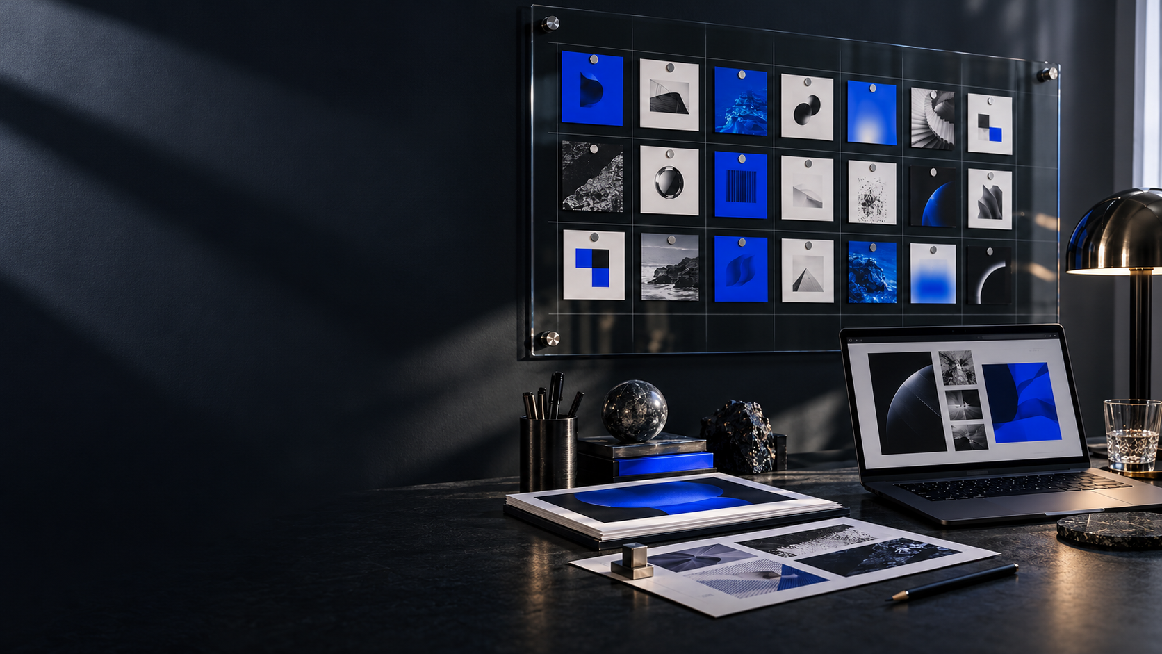 Illustrative creative workspace with a monthly campaign planning board, laptop, and design proofs